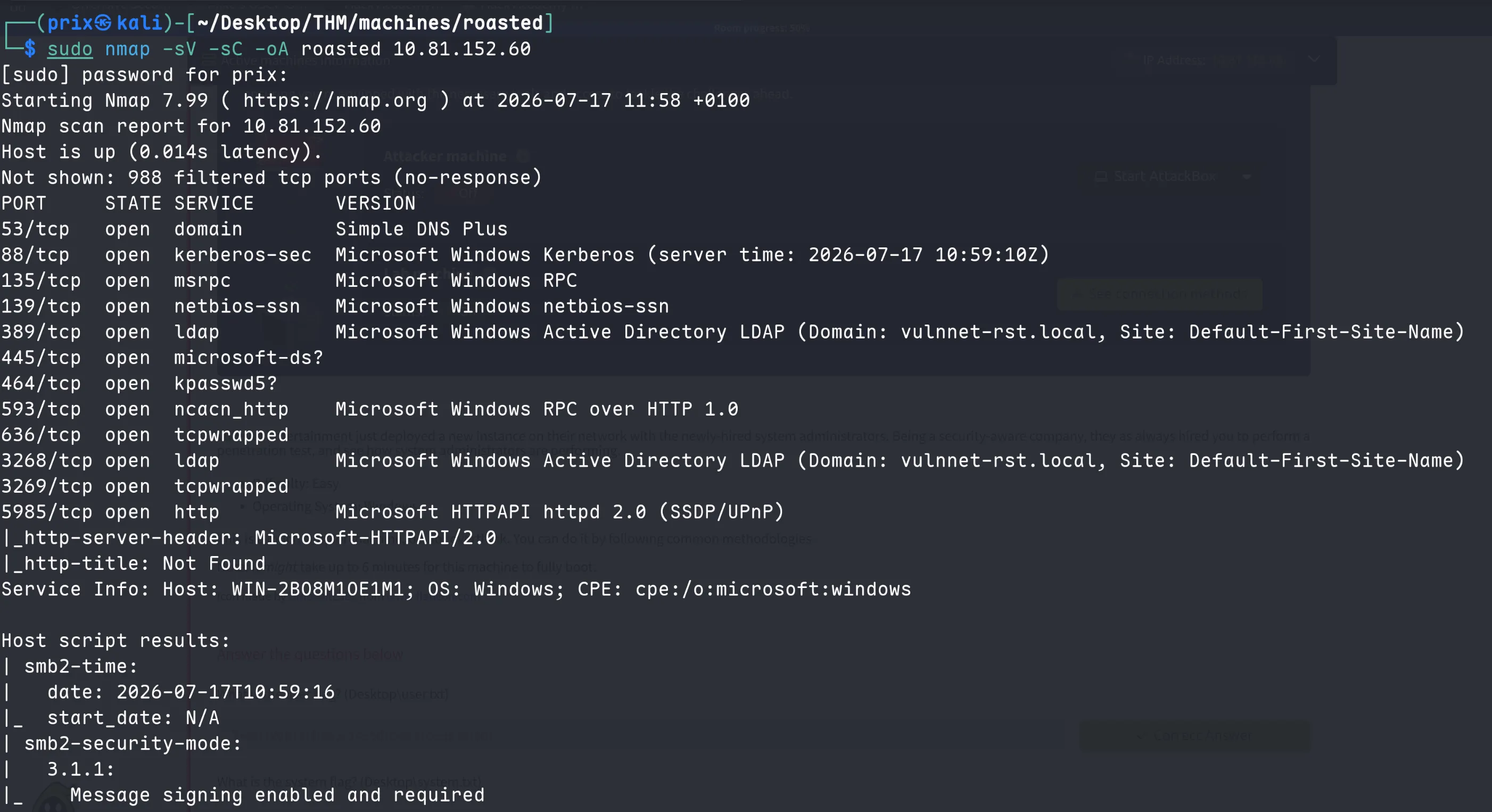 Nmap scan showing AD DS ports, LDAP domain vulnnet-rst.local, and SMB signing enabled