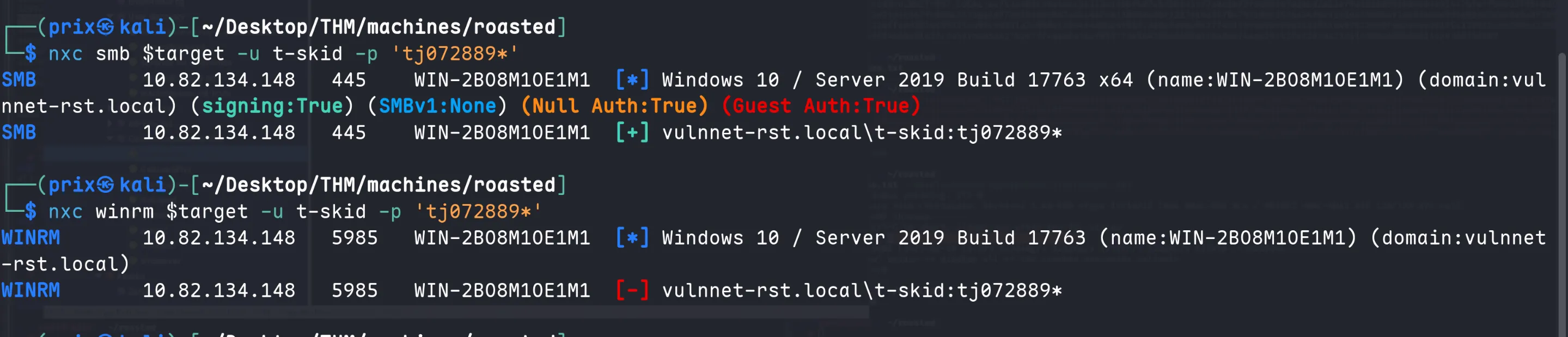 NetExec confirming valid SMB creds for t-skid but failed WinRM login