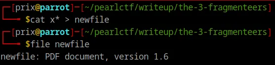 cat and file commands confirming the merged file is a PDF