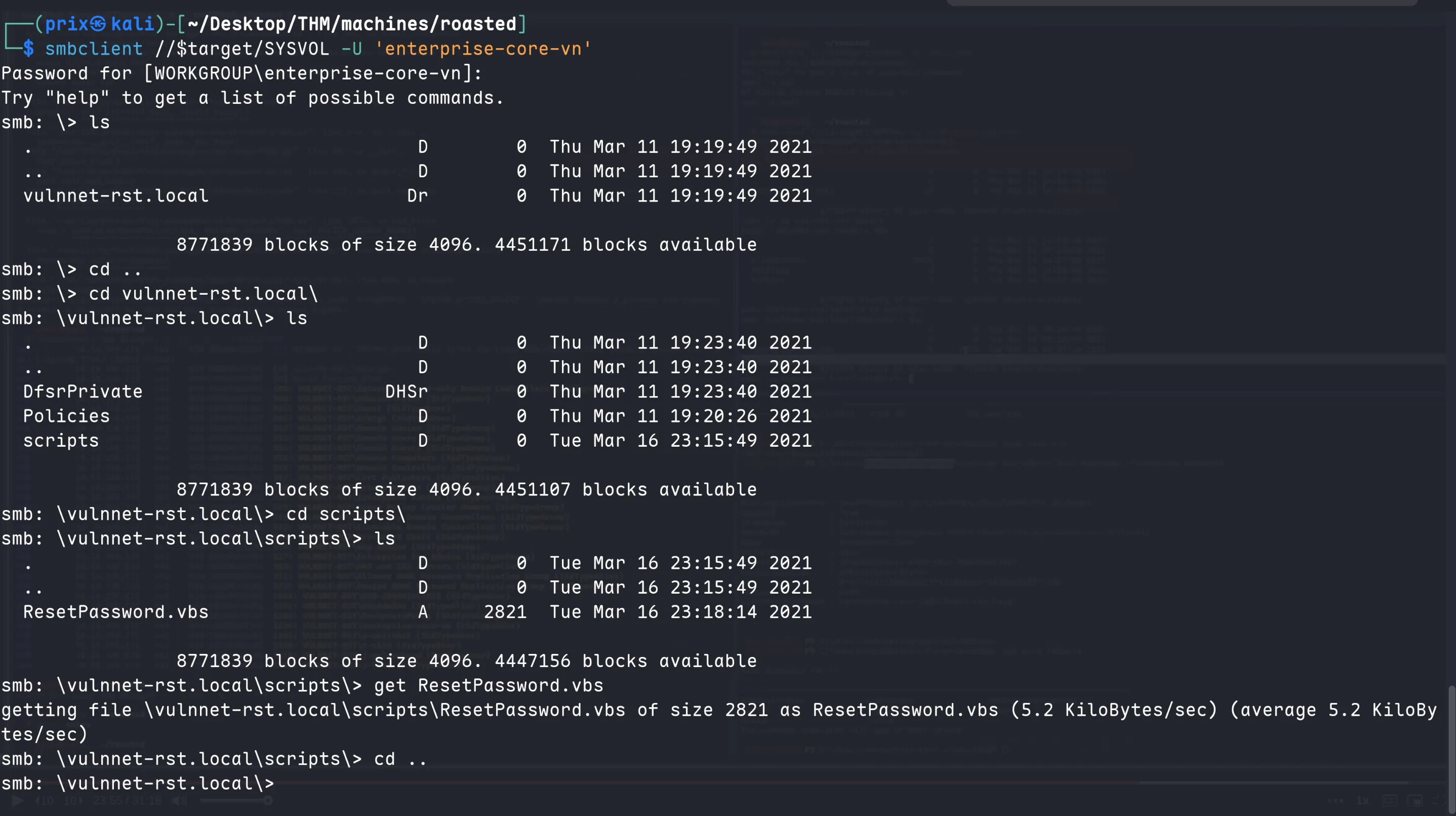 Browsing SYSVOL and finding ResetPassword.vbs in the scripts folder