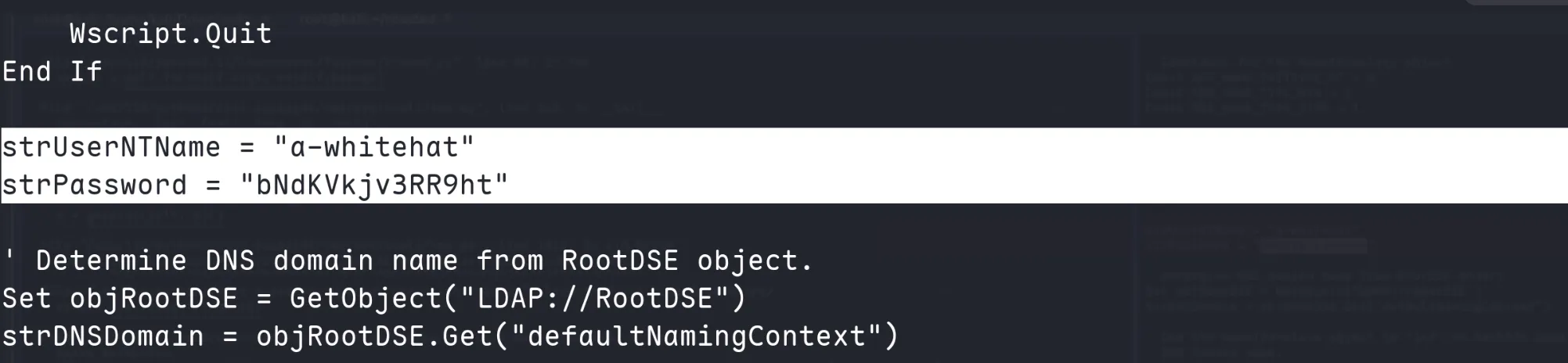 ResetPassword.vbs source revealing hardcoded credentials for a-whitehat