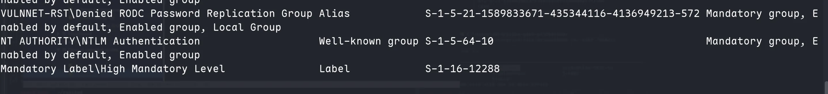 Group membership showing Denied RODC Password Replication Group and NTLM Authentication