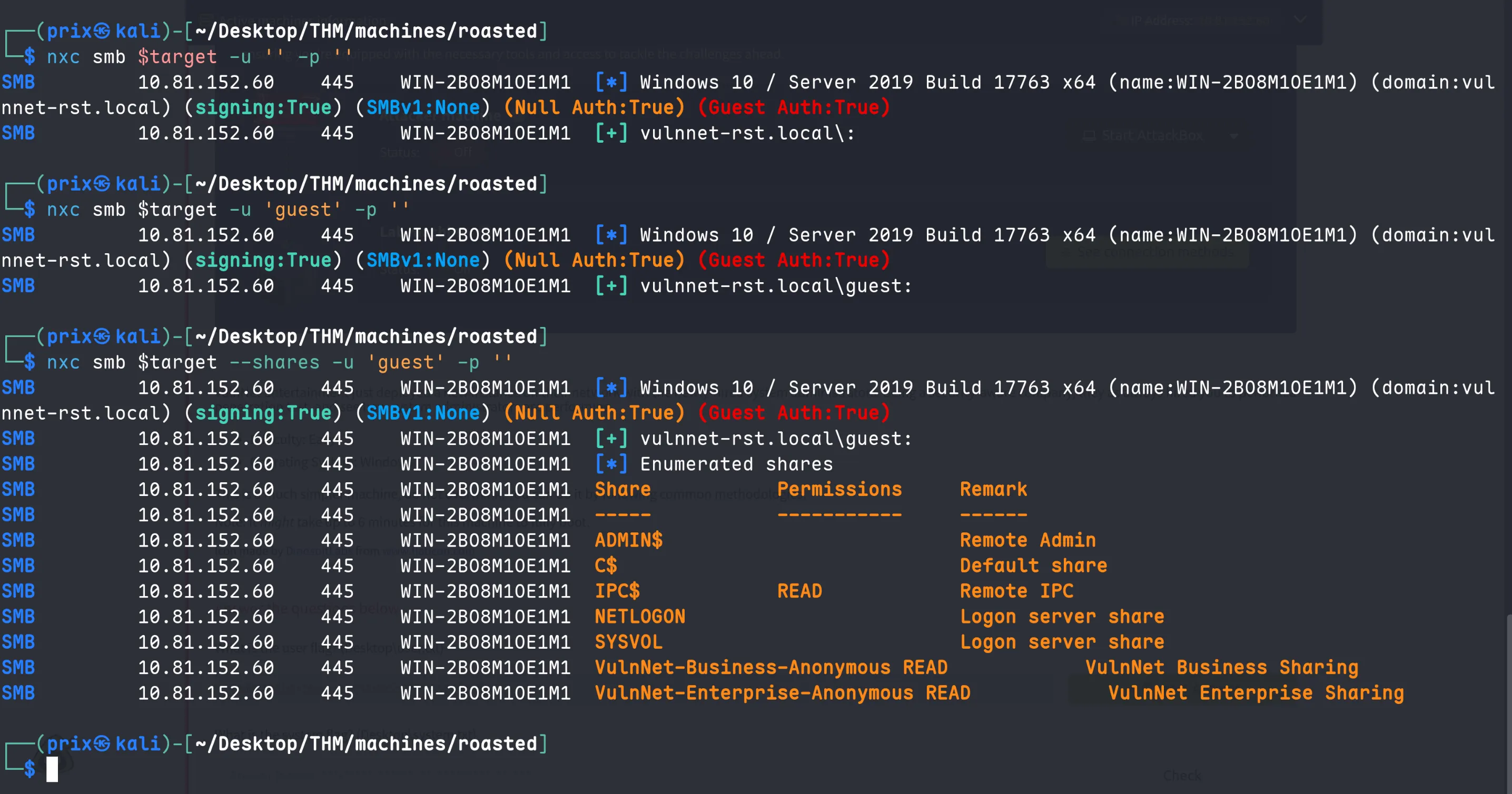 NetExec showing null and guest auth allowed, and share enumeration results