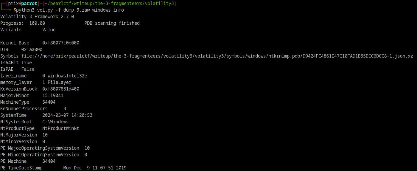 Volatility3 windows.info output confirming Windows memory image