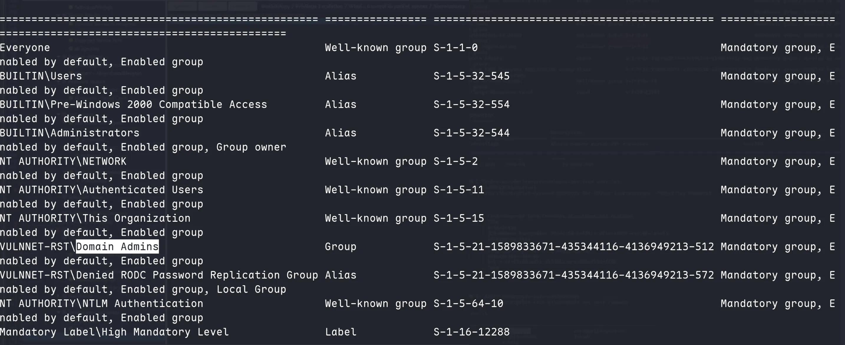 Full group listing showing VULNNET-RST\Domain Admins membership