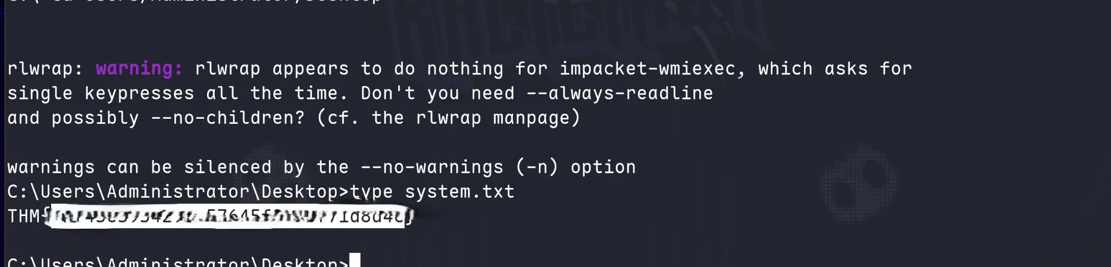 wmiexec shell as Administrator reading the system flag on the Desktop