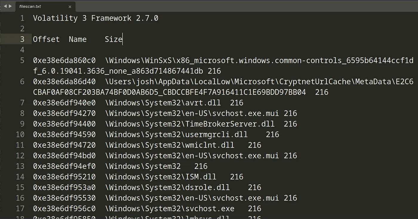 filescan.txt output showing list of files in memory dump