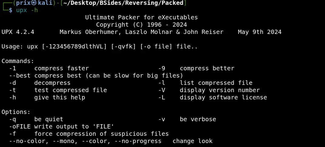 upx help output showing -d flag for decompression