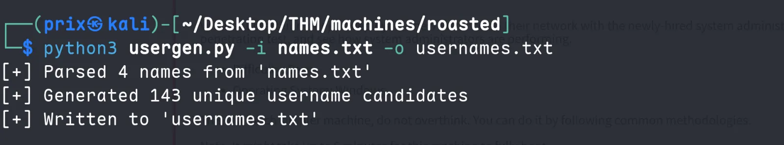 usergen.py generating 143 unique username candidates from 4 names