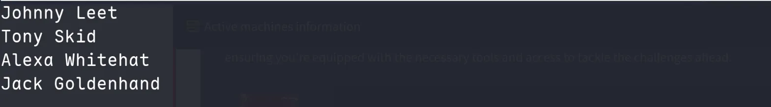 names.txt contents: Johnny Leet, Tony Skid, Alexa Whitehat, Jack Goldenhand