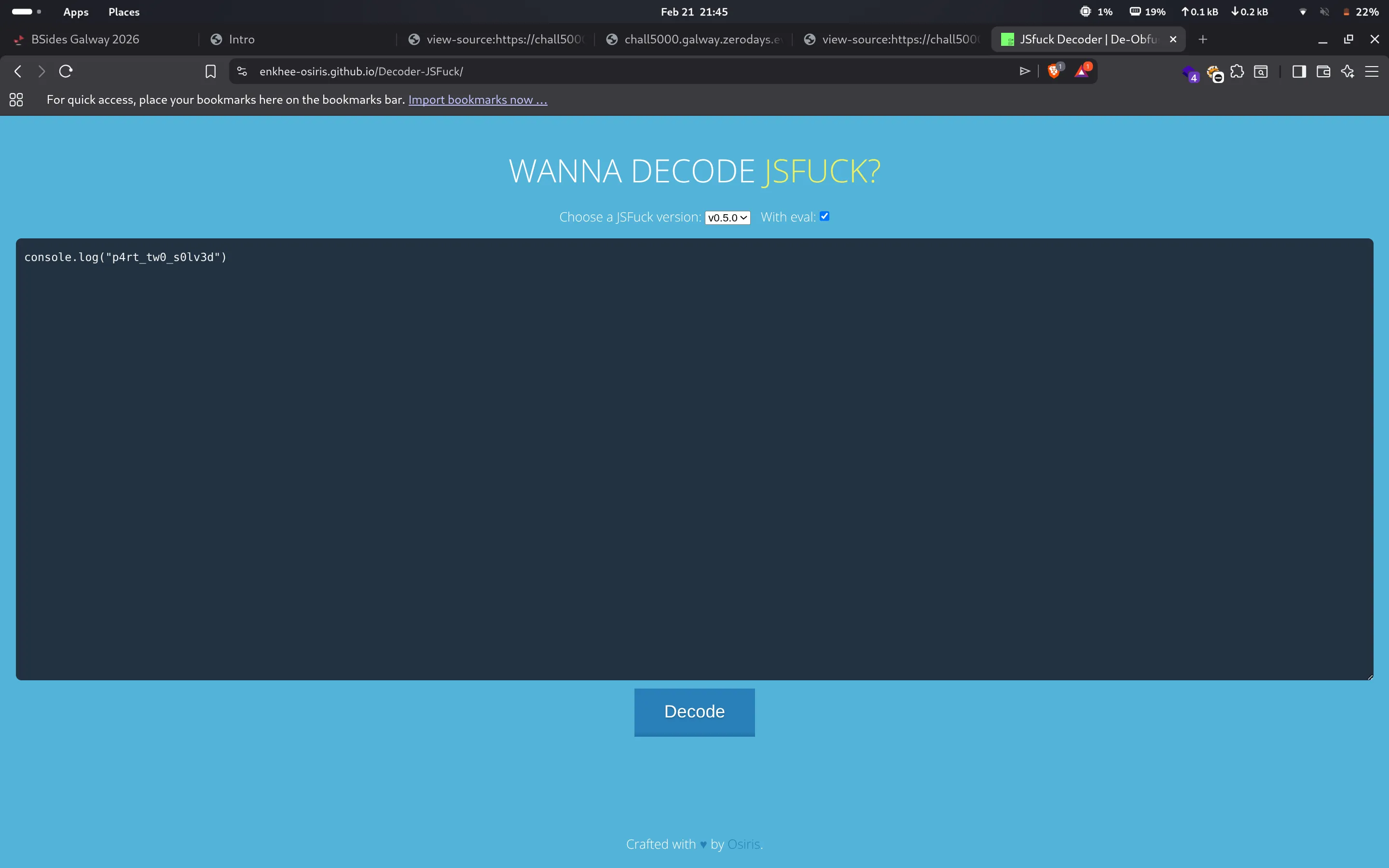 JSFuck decoded revealing Flag 2