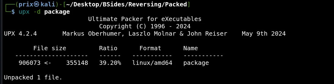 upx successfully unpacking the binary