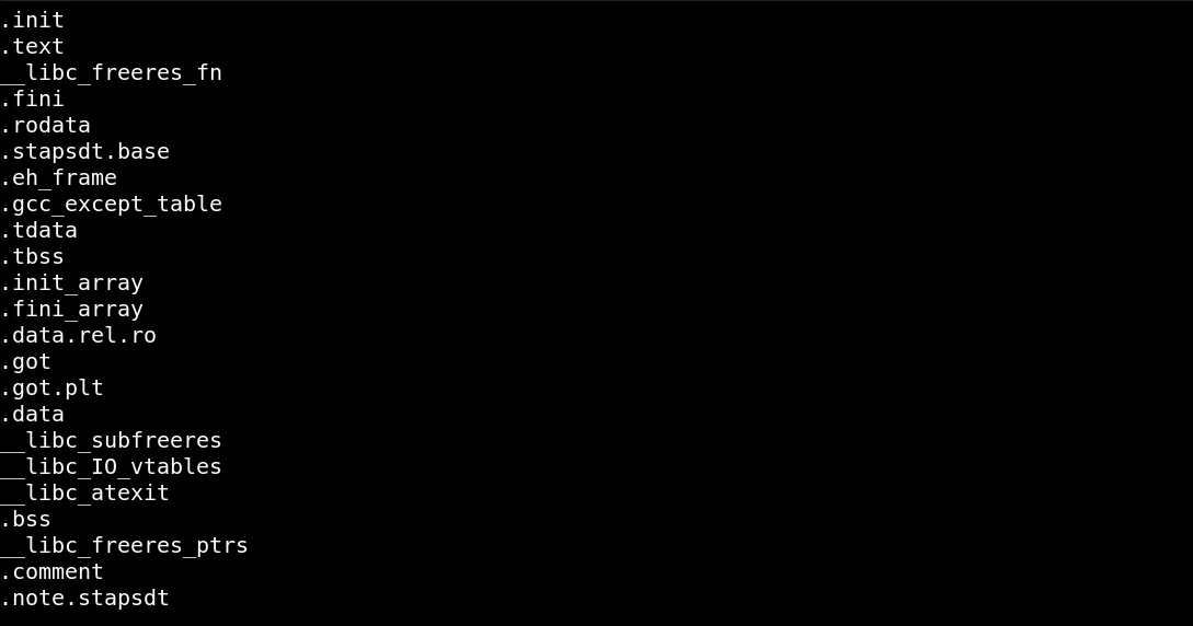 strings output after unpacking showing readable section names