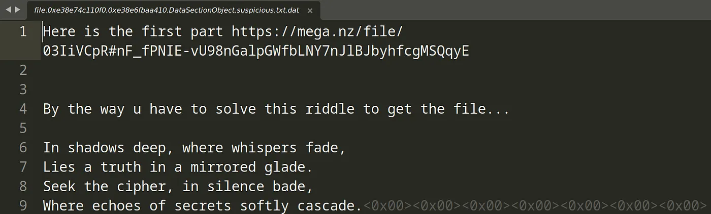 suspicious.txt contents showing Mega.nz link and riddle