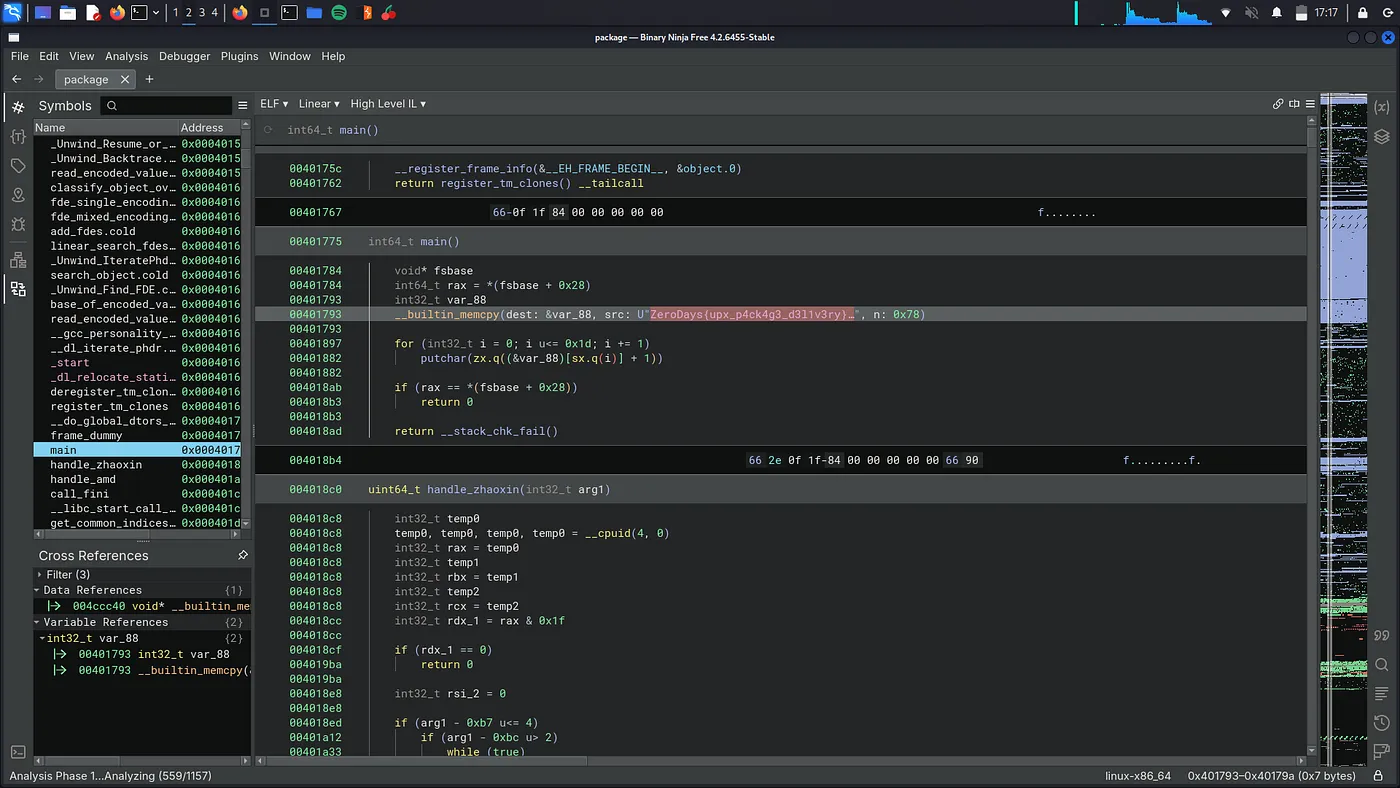 BinaryNinja showing the flag in the main function
