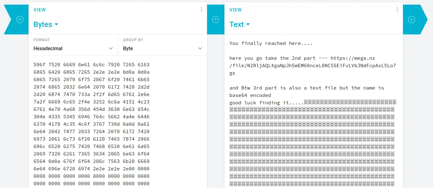 hex decoded output showing second Mega.nz link