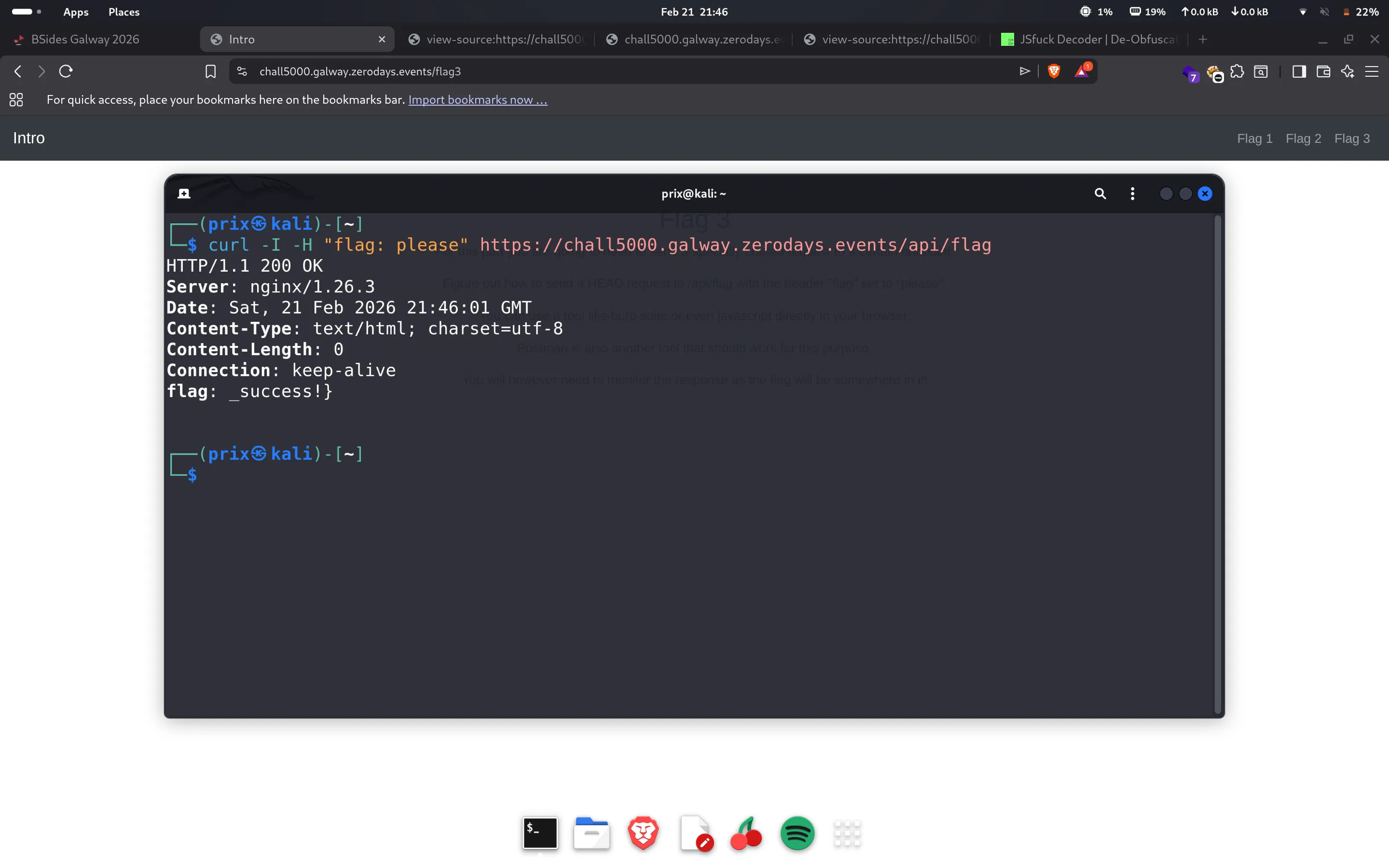 curl response showing Flag 3 in the headers