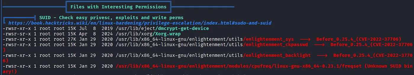 linpeas output highlighting CVE-2022-37706