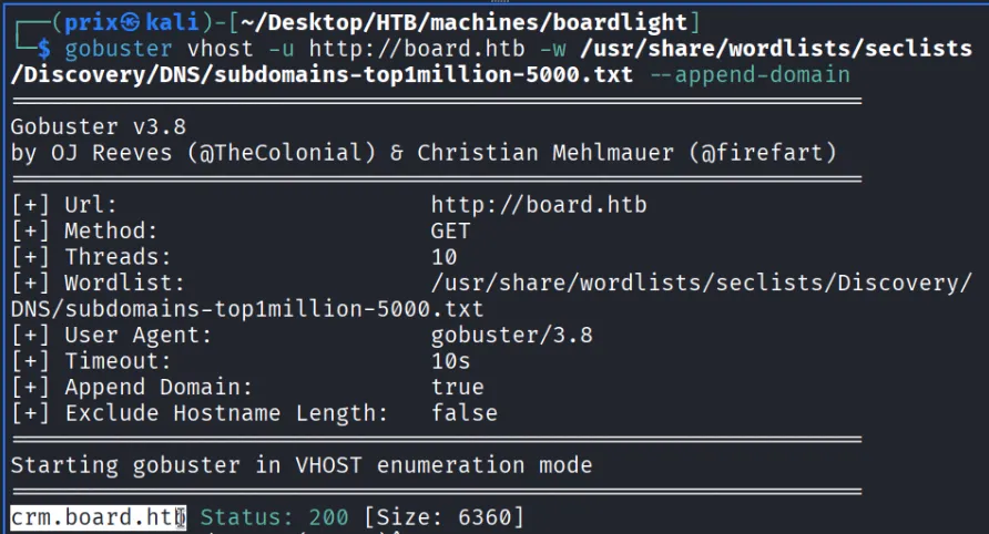 gobuster vhost results showing crm.board.htb