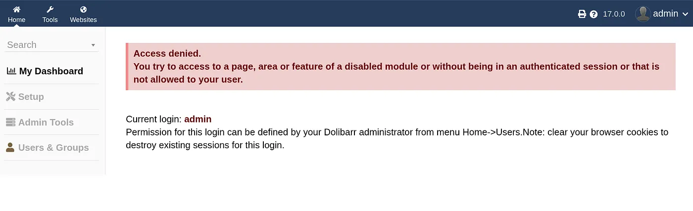 Dolibarr dashboard after login
